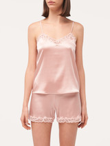 Pigiama corto in seta stretch rosa cipria con pizzo_1