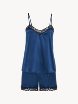 Pigiama corto in seta stretch blu reale con pizzo_0