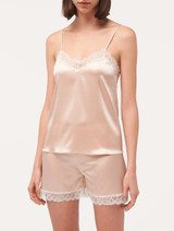 Pigiama corto in seta stretch rosa pallido con pizzo_1