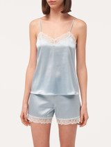 Pigiama corto in seta stretch celeste con pizzo_1