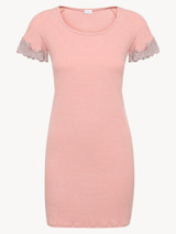 Camicia da notte corta a costine misto cashmere colore Blush Clay con ricami a frastaglio_0