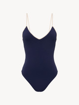 Costume intero blu navy con scollatura a V e monogramma_0