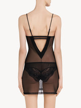 Slipdress in pizzo Leavers nero con arricciature in tulle_2