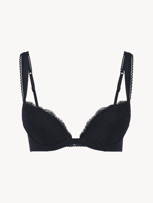 Reggiseno push-up in Lycra® nera con pizzo Leavers floreale_0