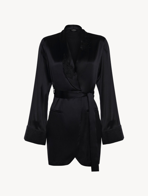 Vestaglia in raso di seta nero con tulle ricamato_0