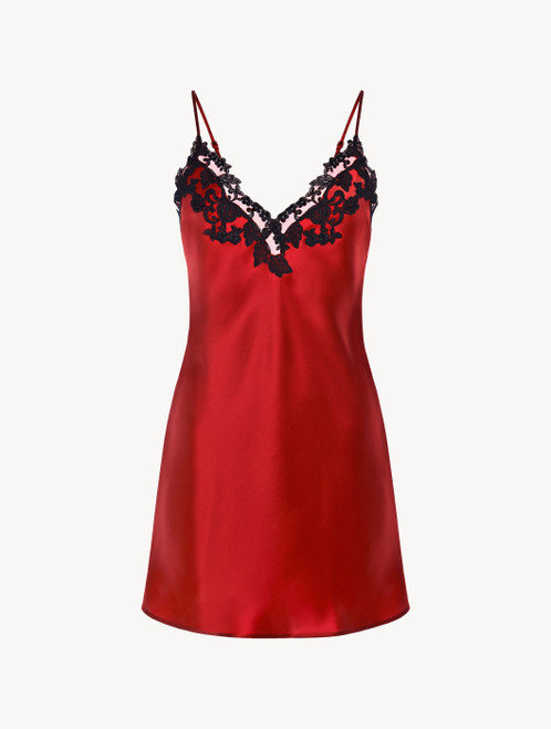 Slipdress in raso di seta rosso con ricamo a frastaglio_0