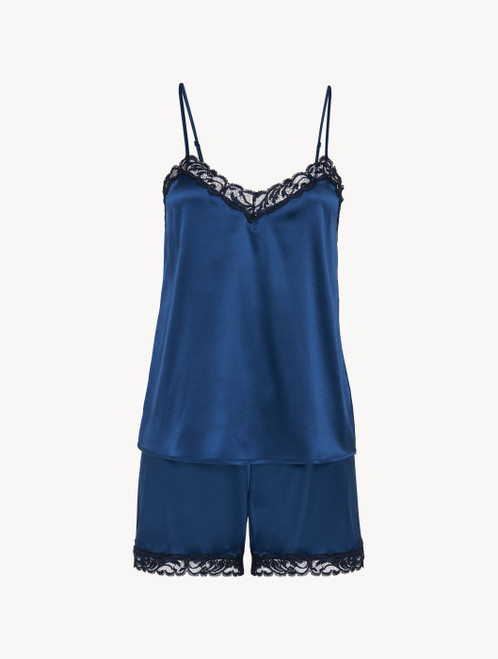 Pigiama corto in seta stretch blu reale con pizzo_1