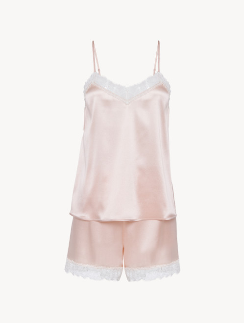 Pigiama corto in seta stretch rosa pallido con pizzo_0