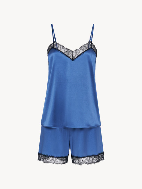 Pigiama corto in seta stretch blu scuro con pizzo_4