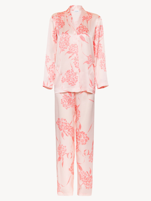 Pigiama lungo in seta con motivi floreali rosa tenue_1