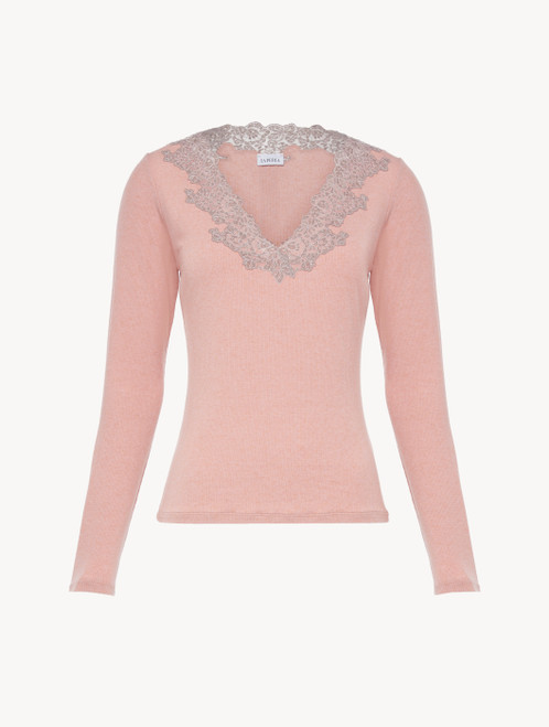 Maglia a manica lunga a costine misto cashmere colore Blush Clay con ricami a frastaglio_0