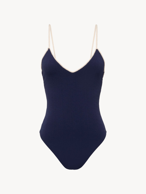 Costume intero blu navy con scollatura a V e monogramma_2