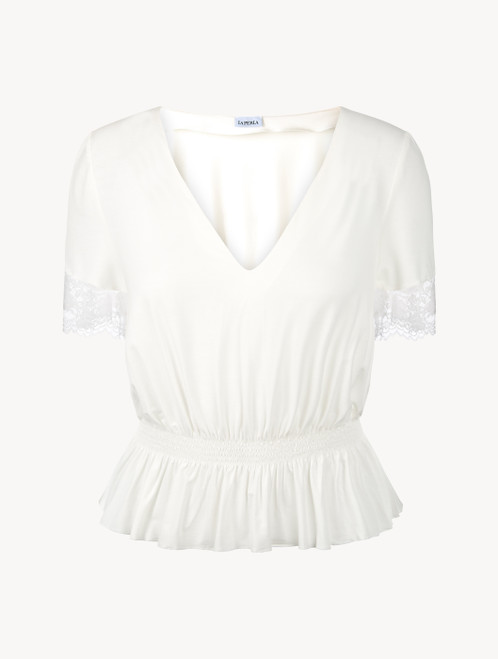 T-shirt in modal off-white con pizzo Leavers_4