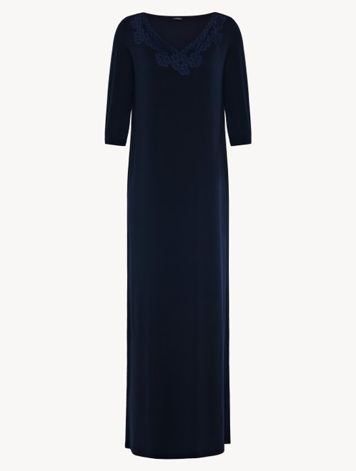 Camicia da notte lunga in modal stretch blu con pizzo Leavers e chiffon di seta_2