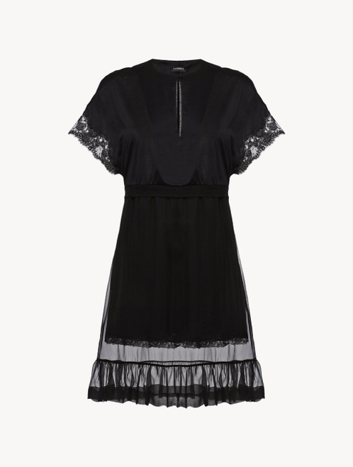 Camicia da notte a manica corta in cotone e chiffon nero_2