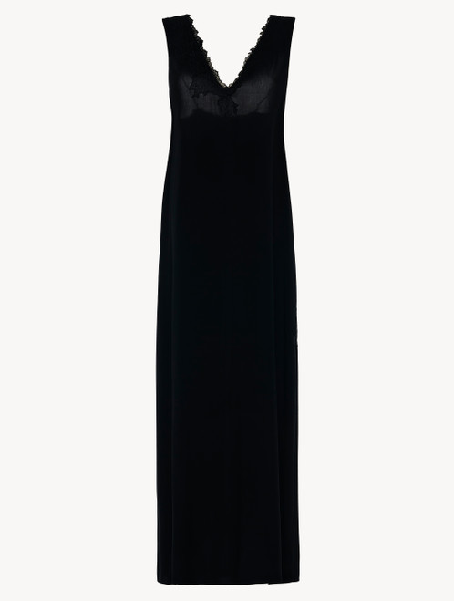 Camicia da notte lunga in viscosa nera con tulle_1