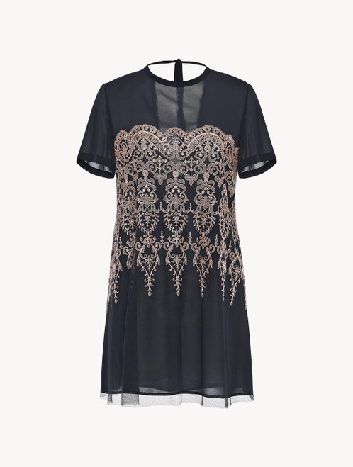 Camicia da notte corta in tulle e georgette di seta grigio scuro e rosa_1