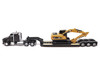 Kenworth T880 SBFS Sleeper Tandem Tractor Black with Lowboy Trailer and CAT 320D L Hydraulic Excavator Yellow 1/87 (HO) Diecast Model by Diecast Masters