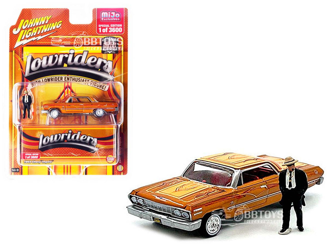 1963 Chevrolet Impala Lowrider Orange with Graphics and Diecast Figure  Limited Edition to 3600 pieces Worldwide