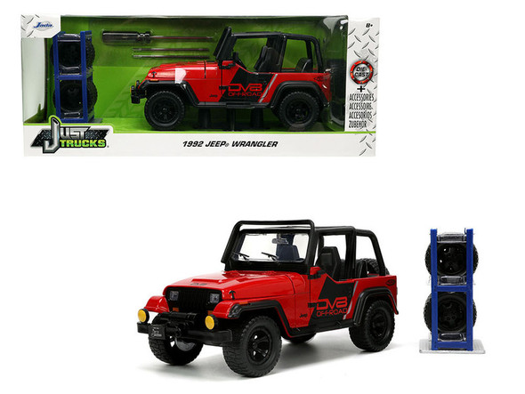 1992 Jeep Wrangler DV8 Off-Road Red with Matt Black Stripes with Extra Wheels "Just Trucks" Series 1/24 Diecast Model Car by Jada