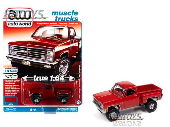 1986 Chevrolet Silverado Stepside 4×4 Red Solid Case "Muscle Trucks" Limited Edition to 1879 pieces Worldwide 1/64 Diecast Model Car by Auto World