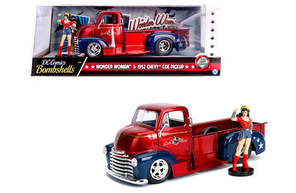 1952 Chevrolet COE Pickup Truck Red and Blue with Wonder Woman Diecast Figure "DC Comics Bombshells" Series 1/24 Diecast Model Car by Jada