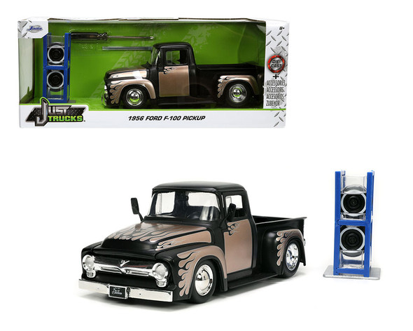 1956 Ford F-100 Pickup Black and Brow with Flames Extra Wheels "Just Trucks" Series 1/24 Diecast Model Car by Jada