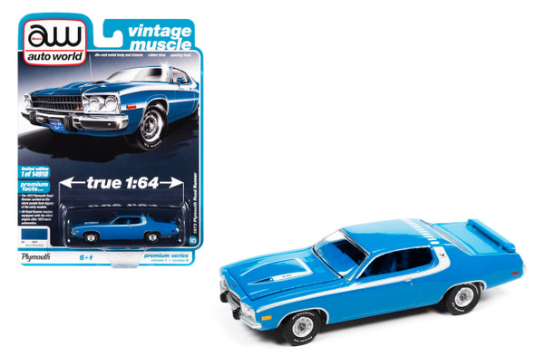 1973 PLYMOUTH ROAD RUNNER (BASIN STREET BLUE W/WHITE SIDE & ROOF STRIPES " Limited Edition 1/64 Diecast Model Car by Auto World