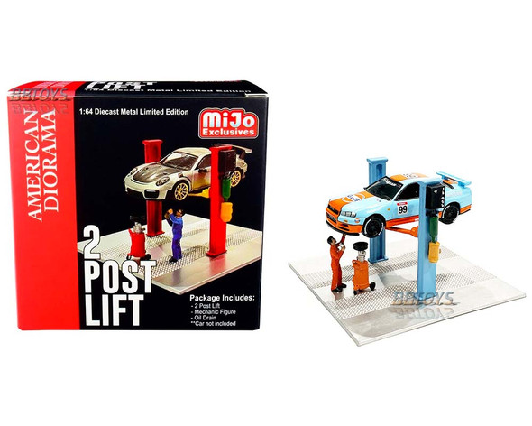Two Post Lift (Blue) with Mechanic Figurine and Oil Drainer Diorama Set for 1/64 Scale Models by American Diorama