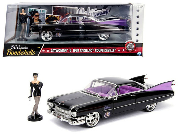 1959 Cadillac Coupe DeVille Black with Catwoman Diecast Figure "DC Comics Bombshells" Series 1/24 Diecast Model Car by Jada