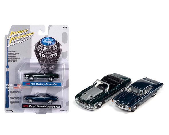 1972 Ford Mustang Convertible Green Metallic and 1972 Chevrolet Chevelle Blue Metallic Pack 2 Cars Class of 1972 1/64 Diecast Model Car By Johnny Lightning