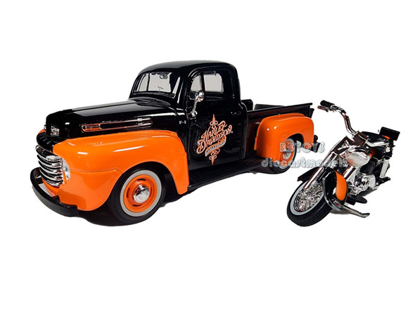 1948 Ford F-1 Pickup Truck with 1958 Harley Davidson FLH Duo Glide Motorcycle Orange and Black 1/24 Diecast Models by Maisto