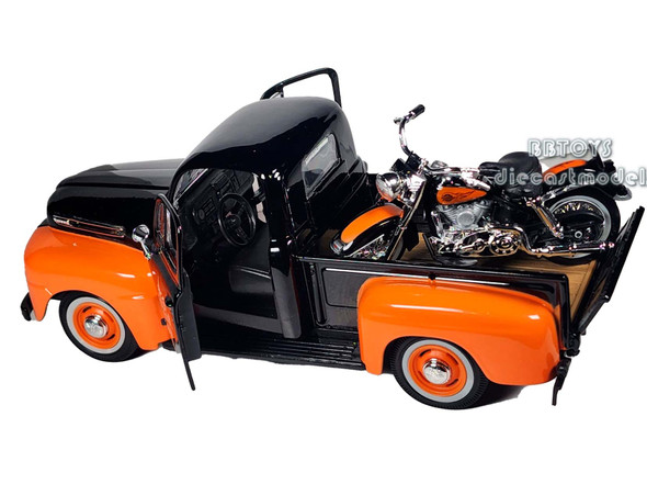 1948 Ford F-1 Pickup Truck with 1958 Harley Davidson FLH Duo Glide Motorcycle Orange and Black 1/24 Diecast Models by Maisto