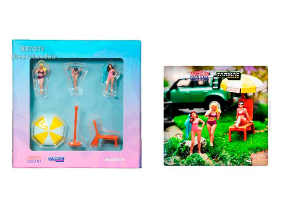 Beach Girls" 5 piece Diecast Set (3 Figurines, 1 Beach Chaise and 1 Beach Umbrella) for 1/64 Scale Models America Diorama and Tarmac works