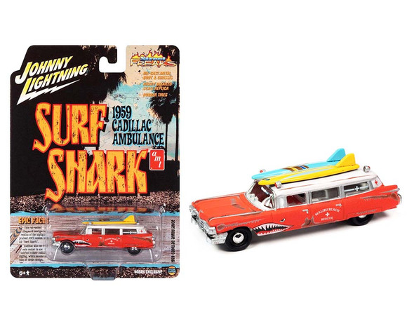 1959 Cadillac Ambulance Orange and white Surf Shark  ith Wood Paneling and Two Surfboards Limited Edition to 4156 pieces Worldwide 1/64 Diecast Model Car by Johnny Lightning