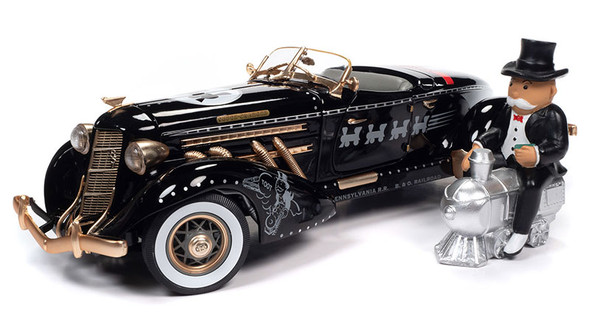 1935 Auburn 851 Speedster Black with "Monopoly" Graphics and Mr. Monopoly Figure 1/18 Diecast Model Car by Auto World