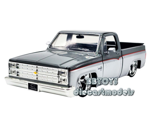 1985 Chevrolet C-10 Pickup Truck 2 Tone Custom Silver/Grey Stripes Red  "Just Trucks" Series 1/24 Diecast Model Car by Jada