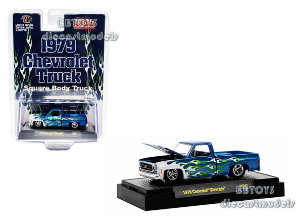 1979 Chevrolet Silverado Pickup Truck Square Body Truck Blue With Flames  Limited Edition to 5500 pieces Worldwide 1/64 Diecast Model Car by M2 Machines