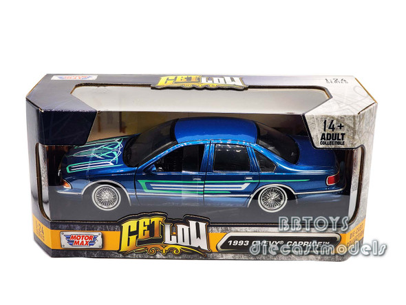 1993 Chevy Caprice Candy Blue Metallic with Graphics "Get Low" Series 1/24 Diecast Model Car by Motormax