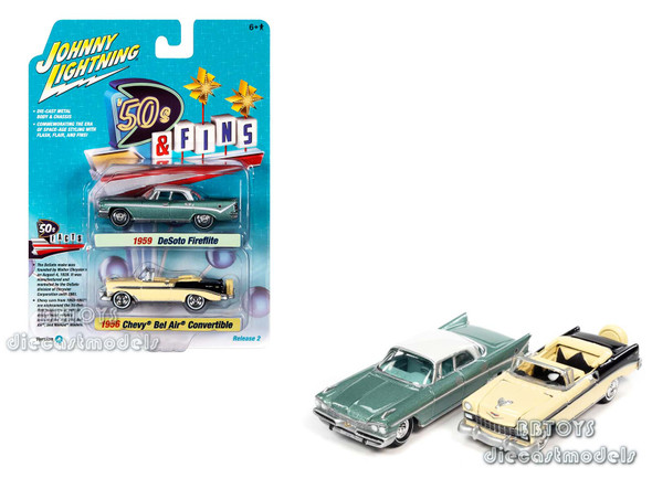 1959 DeSoto Fireflite Light Green White top 1956 Chevy Bel air Convertible Beige Black "50s&fins" Set of 2 Cars 1/64 Diecast Model Cars by Johnny Lightning