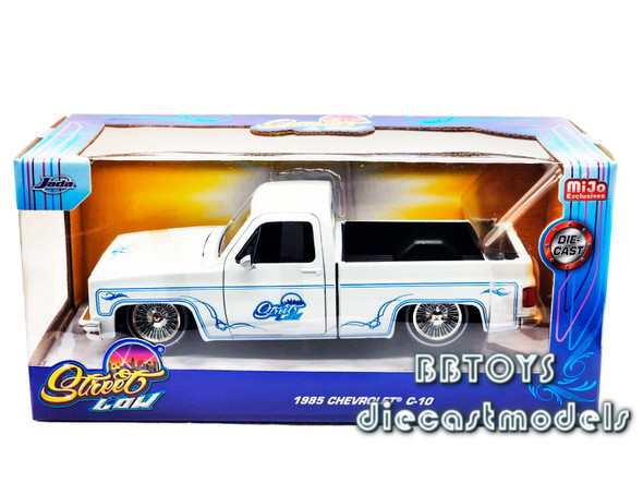 1985 Chevrolet C10 Pickup White stripes Blue Lowriders Street Low Collection Limited Edition 1/24 Diecast Models By Jada