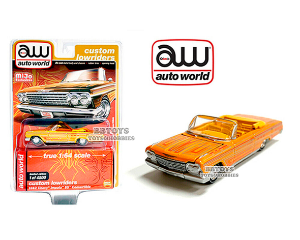 1962 Chevrolet Impala SS Convertible Yellow with Graphics "Custom Lowriders" 1/64 Model Car by Autoworld