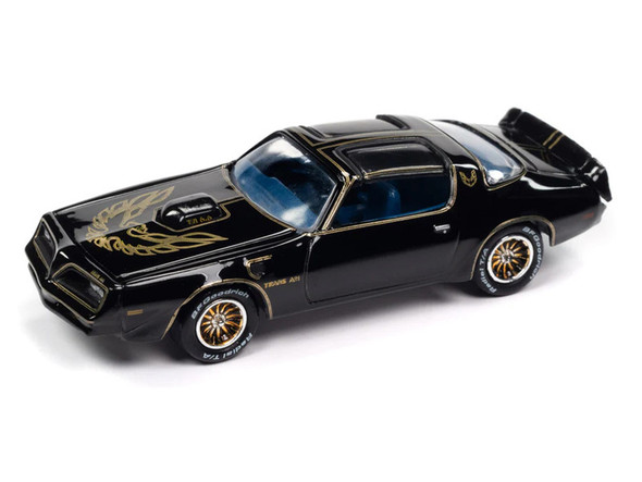 1977 Pontiac Trans Am Black with Gold Eagle Graphic with Poker Chip Collector's Token and Game Card "Trivial Pursuit" "Pop Culture" 1/64 Diecast Model Car by Johnny Lightning