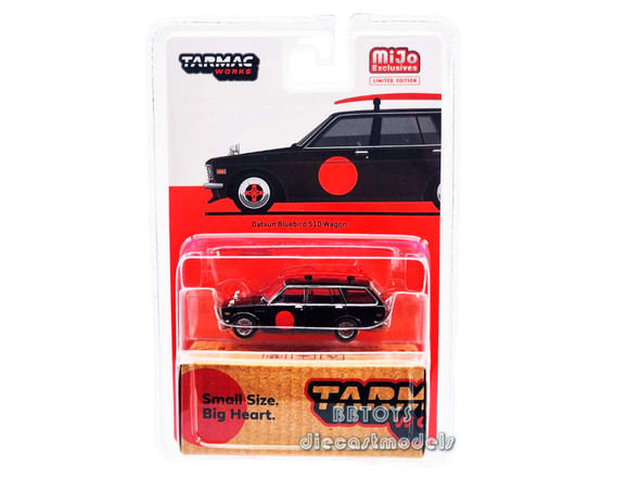 Datsun Bluebird 510 Wagon Black with Red Graphics with Roof Rack and Surfboard "Global64" Series 1/64 Diecast Model Car by Tarmac Works