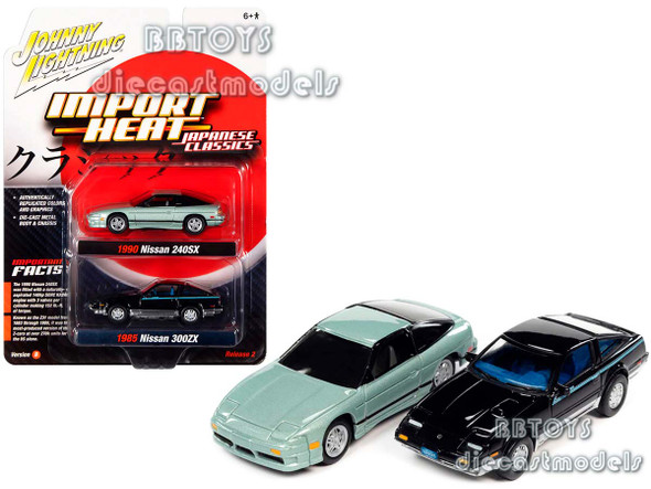 1985 Nissan 300ZX Black with Silver Trim and Blue Stripes and 1990 Nissan 240SX Silver Green Pearl with Black Stripes "Import Heat" Series Set of 2 Cars 1/64 Diecast Model Cars by Johnny Lightning