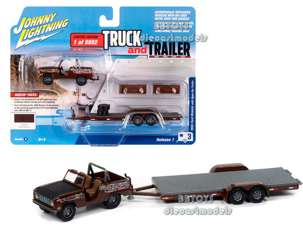 1966 Ford Bronco Dark Brown with Black Hood and Graphics with Open Trailer "Truck and Trailer" Series 1/64 Diecast Model Car by Johnny Lightning