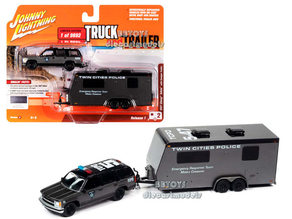 1997 Chevrolet Tahoe "SWAT" Custom Gray Metallic and Black with "Twin Cities Police" Camper Trailer "Truck and Trailer" Series 1/64 Diecast Model Car by Johnny Lightning