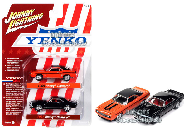 1969 Chevrolet Camaro Yenko Orange Metallic with Black Top and 1967 Chevy Camaro Black  Set of 2 Cars Limited Edition to 2004 pieces Worldwide 1/64 Diecast Model Cars by Johnny Lightning