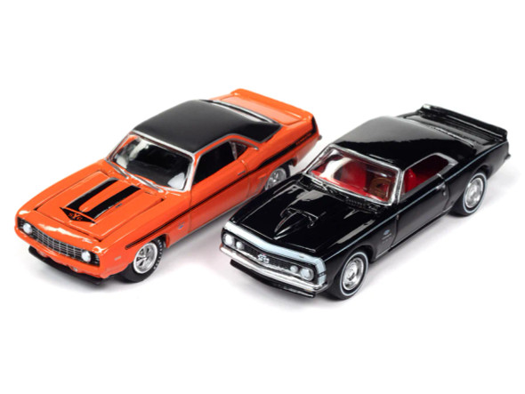 1969 Chevrolet Camaro Yenko Orange Metallic with Black Top and 1967 Chevy Camaro Black  Set of 2 Cars Limited Edition to 2004 pieces Worldwide 1/64 Diecast Model Cars by Johnny Lightning