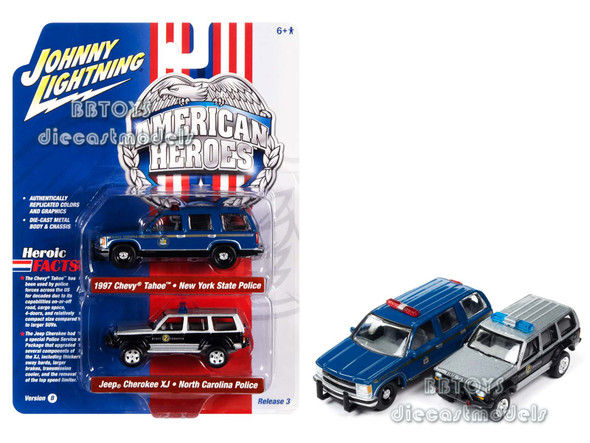 1997 Chevrolet Tahoe New York State Police Jeep Cherokee XJ North Carolina Police  "American Heroes"  Set of 2 Cars Limited Edition to 2074 pieces Worldwide 1/64 Diecast Model Cars by Johnny Lightning